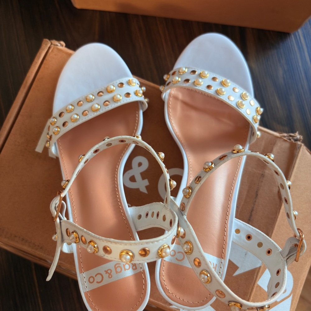 Rag & Co ~ White Genuine Leather Studded Ankle-Strap Heels - Picture 4 of 5